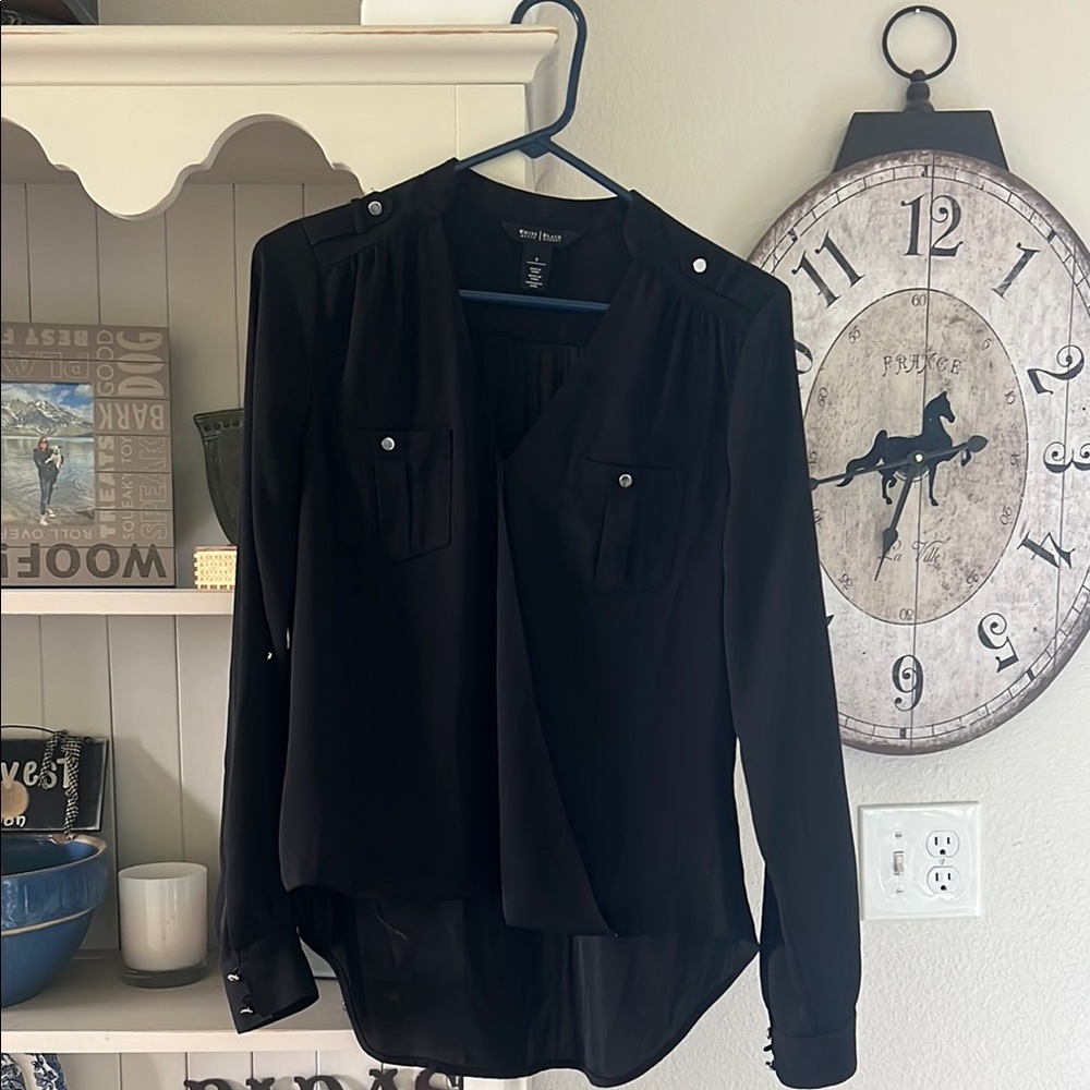 White House Black Market Black Asymmetrical Buttoned Blouse